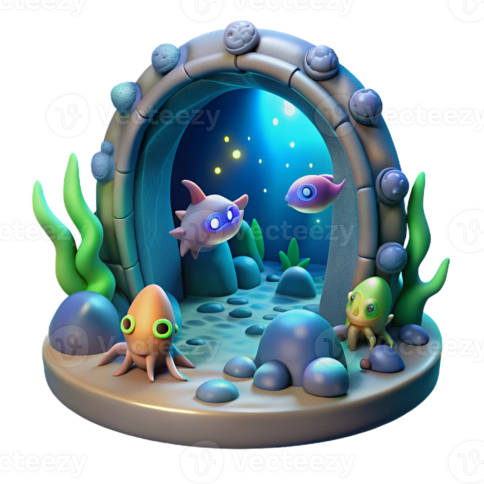 Undersea Cave 3D Render of Cute Ocean Creatures png