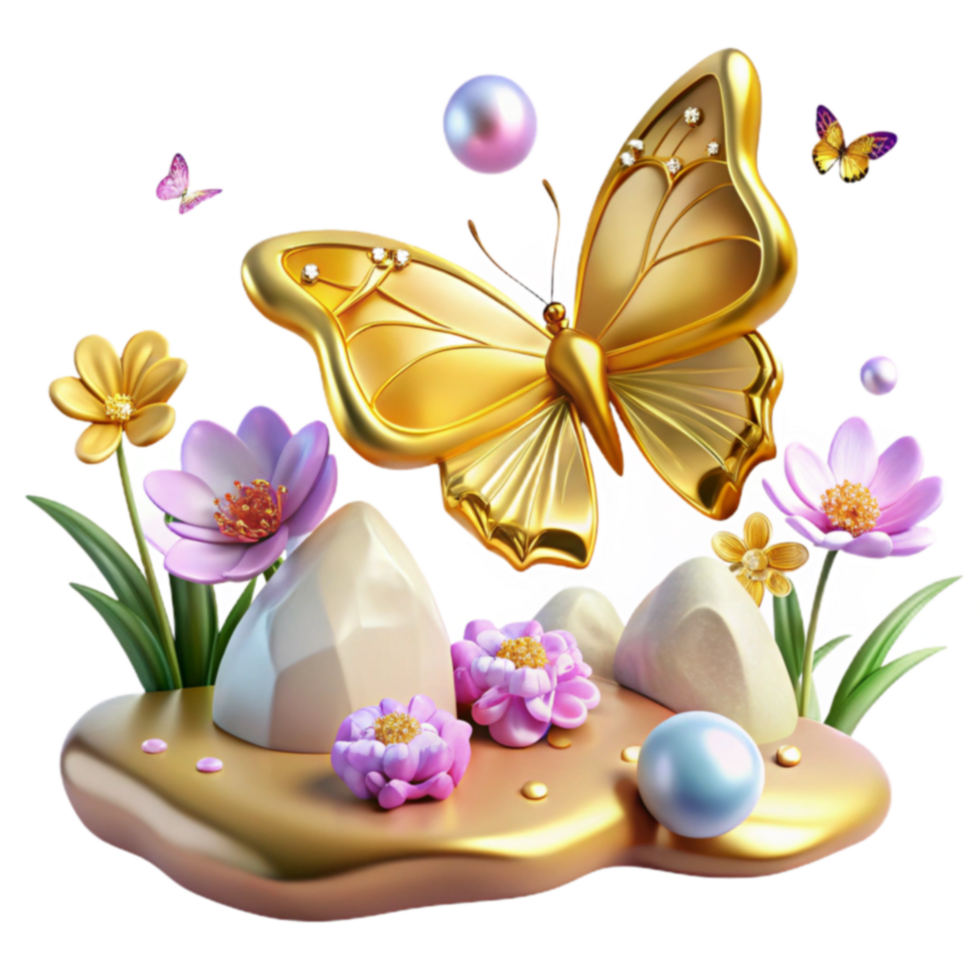 Golden Butterfly, Floral Scene, 3D Render png