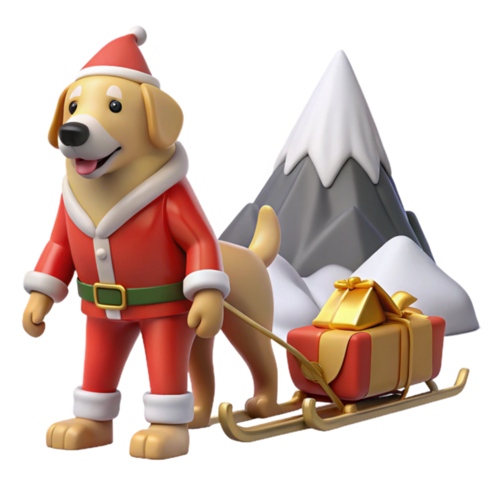 Christmas Dog Pulling Sleigh with Gifts in Snowy Mountain png