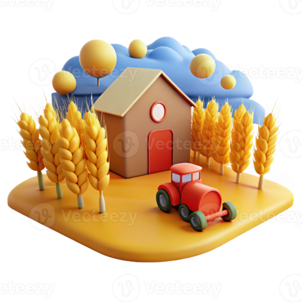 Farmhouse, Tractor, Wheat Field 3D Render png