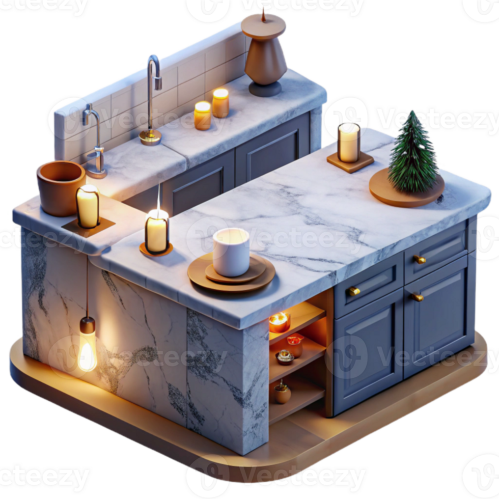 Cozy Kitchen Island Marble Candlelight Design png