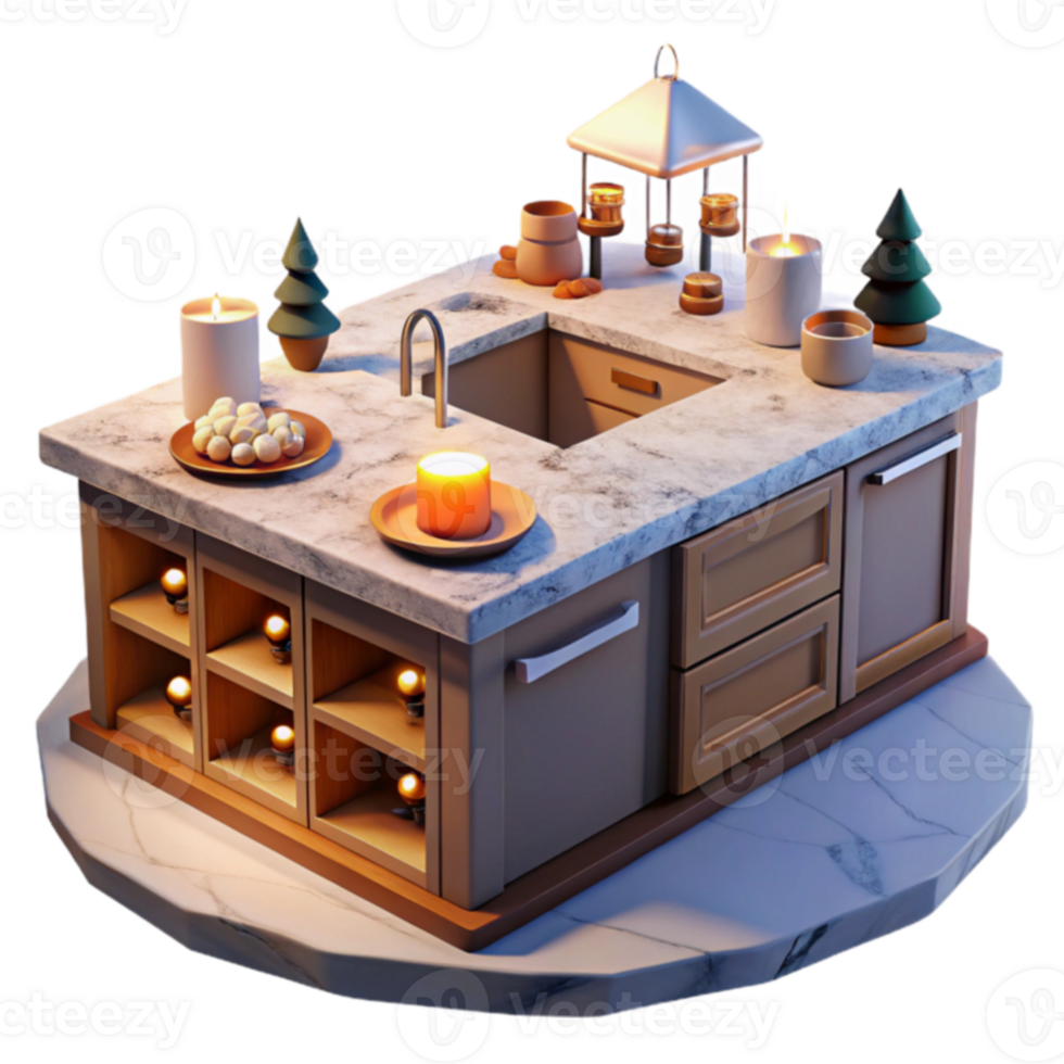 Cozy Kitchen Island with Candles and Festive Decor png