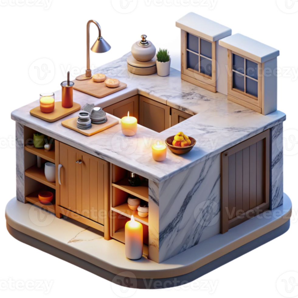 Cozy L-Shaped Kitchen Island Design with Marble Top png