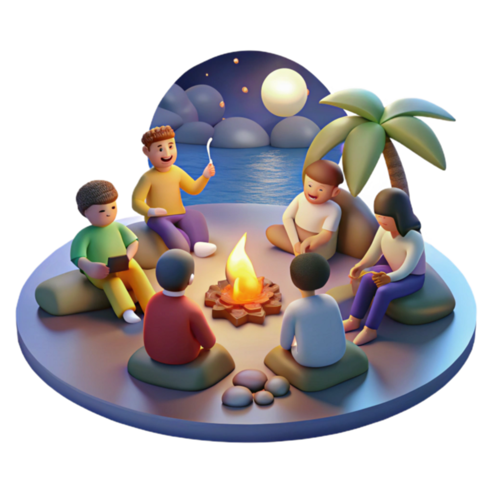 Nighttime Gathering Friends Around Campfire on Beach png