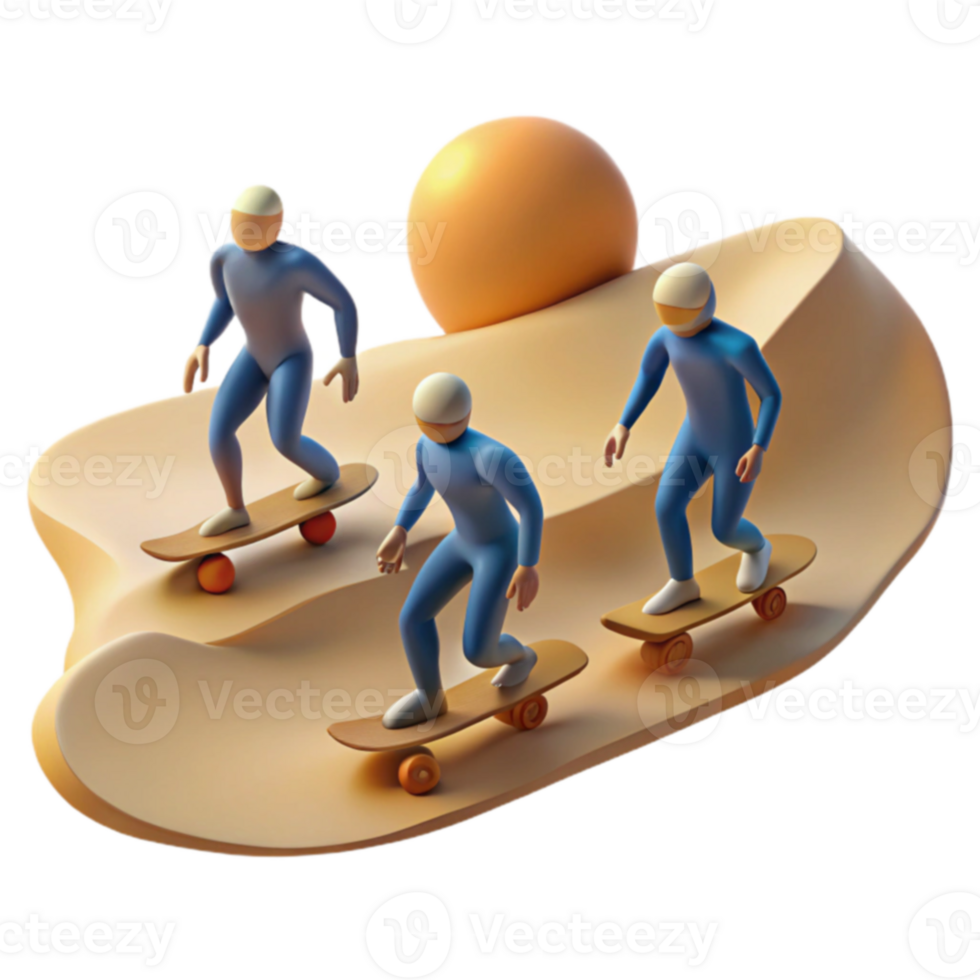 3D Render of Skateboarders on a Sandy Hill png