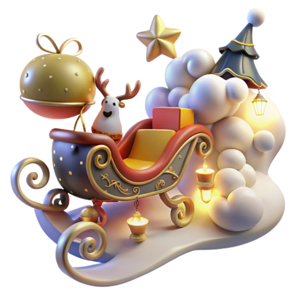 Reindeer Sleigh 3D Render Festive Winter Holiday Scene png