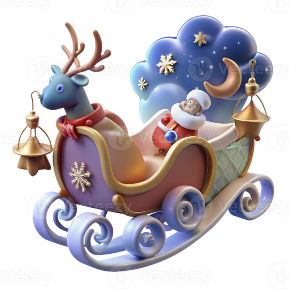 Christmas Reindeer Sleigh Night Scene 3D Render png