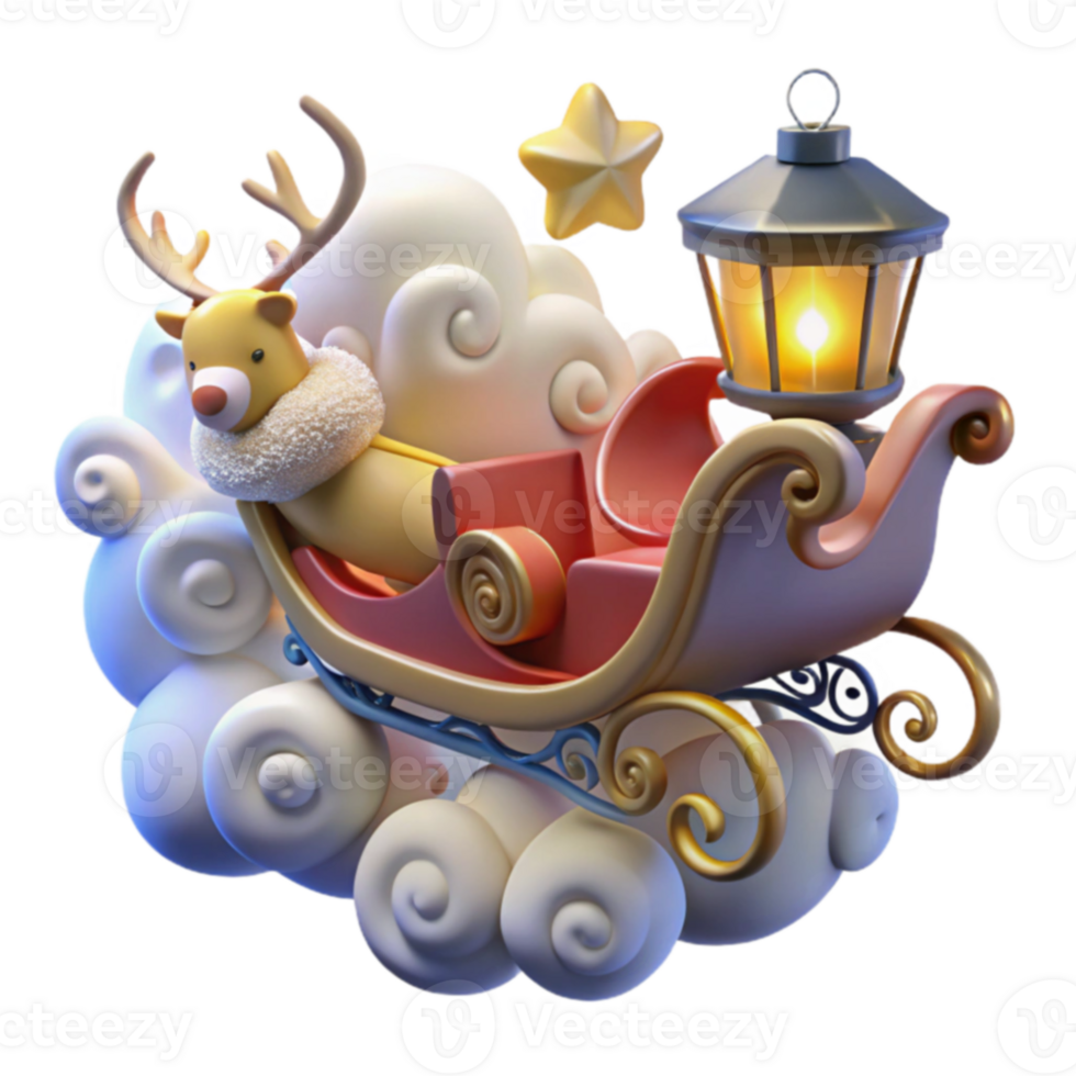 Christmas Reindeer Sleigh Lantern Clouds Festive 3D Render png