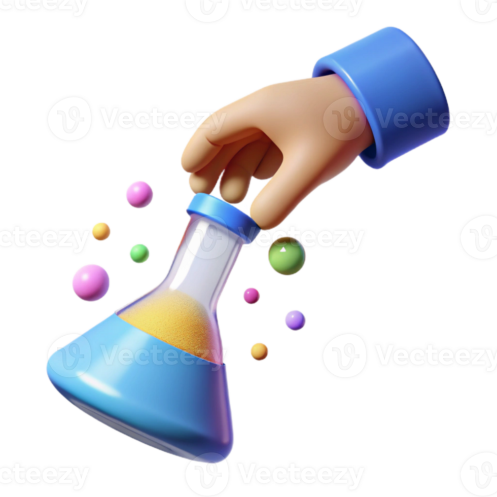 Hand Holding Erlenmeyer Flask with Colorful Spheres png