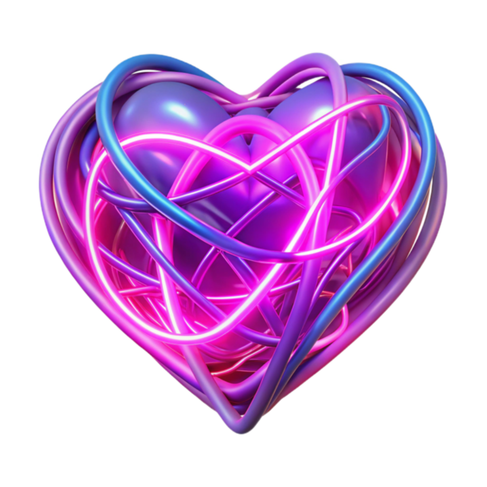 Neon Heart Abstract 3D Render of Intertwined Glowing Lines png