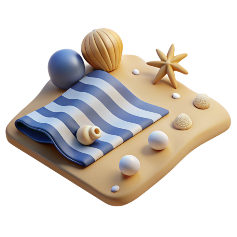 Summer Beach Scene 3D Render of Striped Towel, Sand, Seashells png