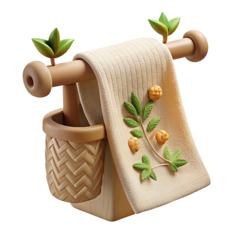 Spa Towel Rack with Woven Basket Floral Decor png