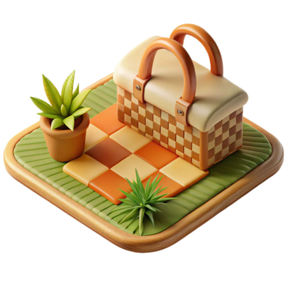 Summer Picnic Basket on Checkered Mat with Plants png