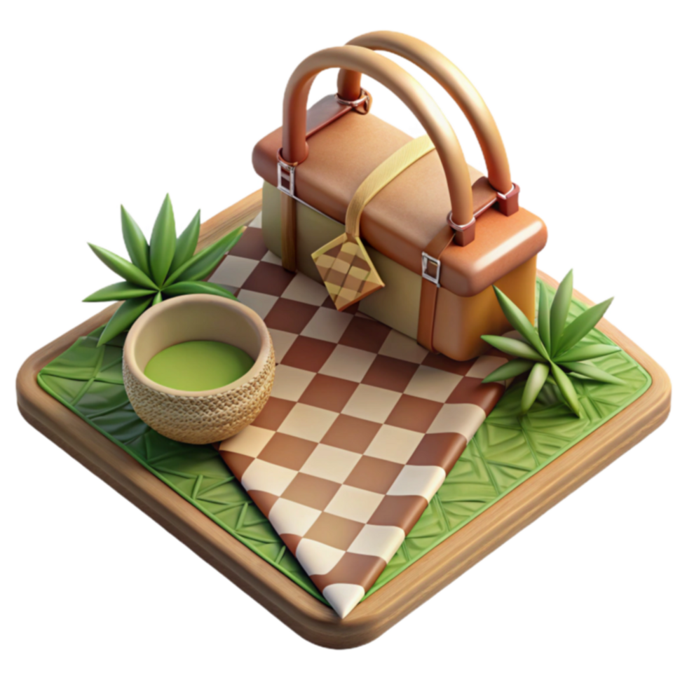 Relaxing Picnic Basket, Checkered Blanket, Matcha Tea png