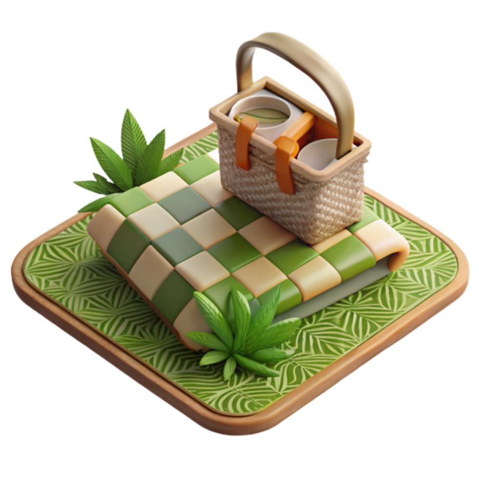 Checkered Picnic Blanket, Basket, and Cups 3D Render png