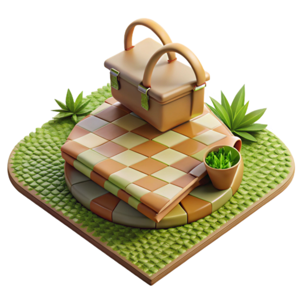 Picnic Basket on Checkered Blanket in Garden png