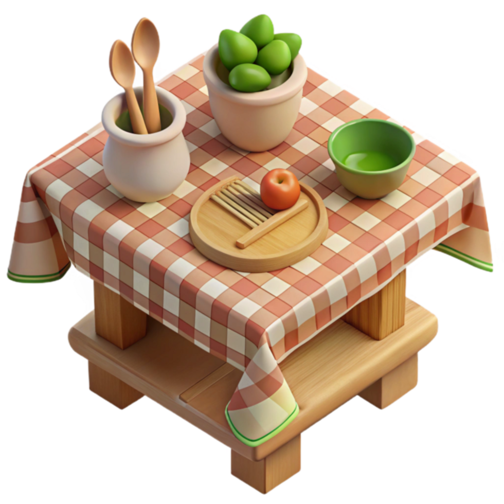 Rustic Table Setting Wooden Table, Checkered Tablecloth, Fruit Bowl png