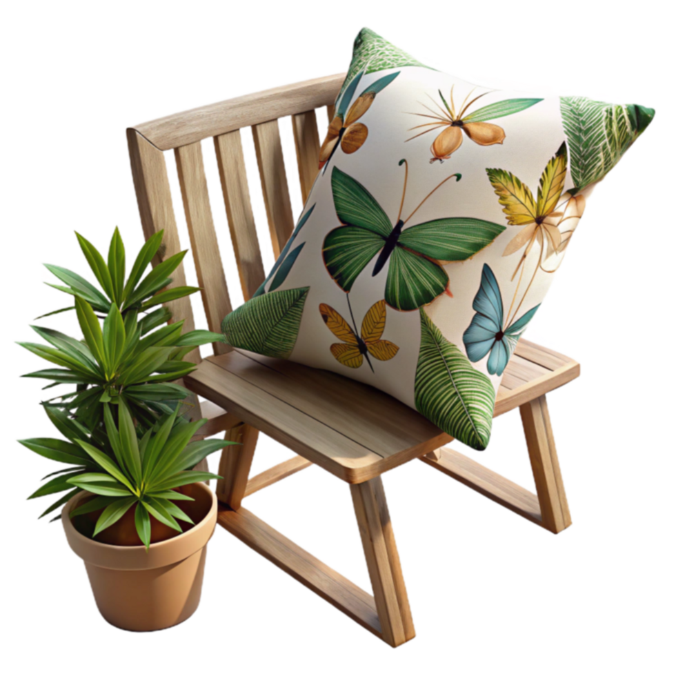 Wooden Chair, Butterfly Pillow, Tropical Plant Decor png