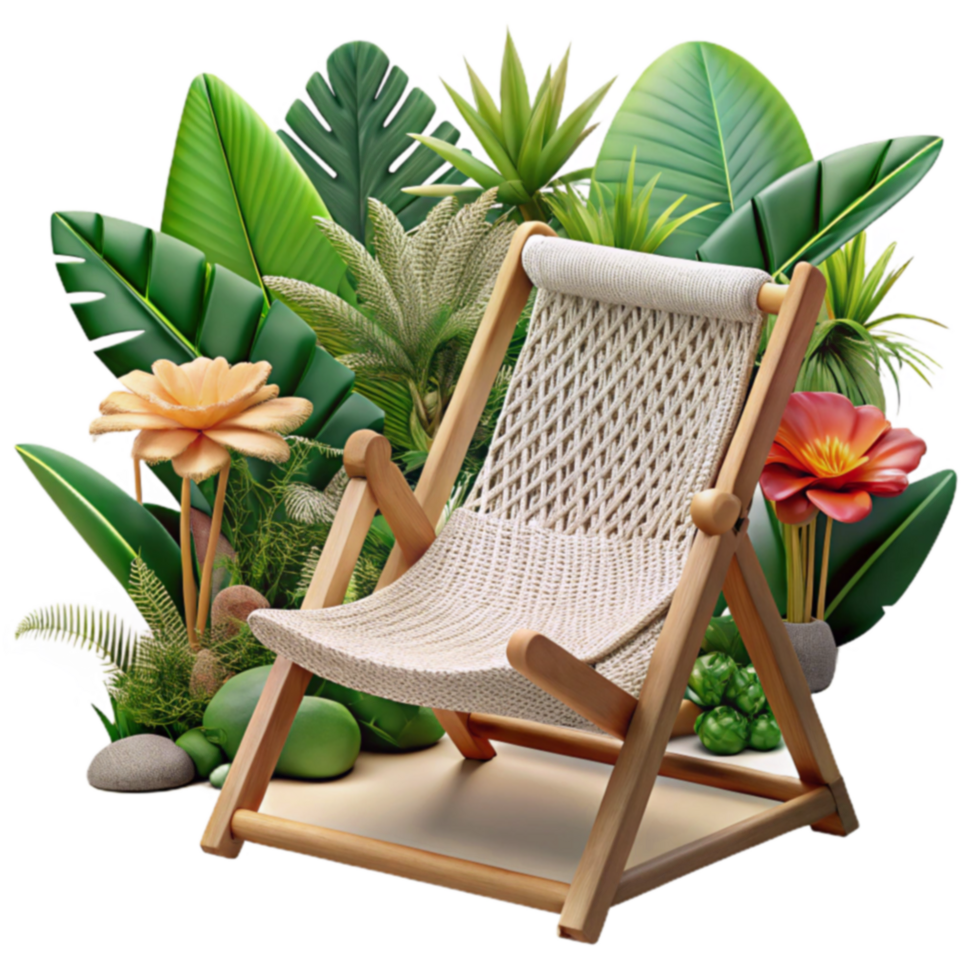 Relaxing Woven Lounge Chair in Tropical Garden Setting png