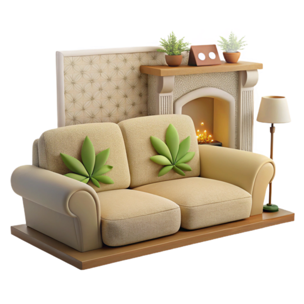 Cozy Living Room with Fireplace and Cannabis Leaf Pillows png