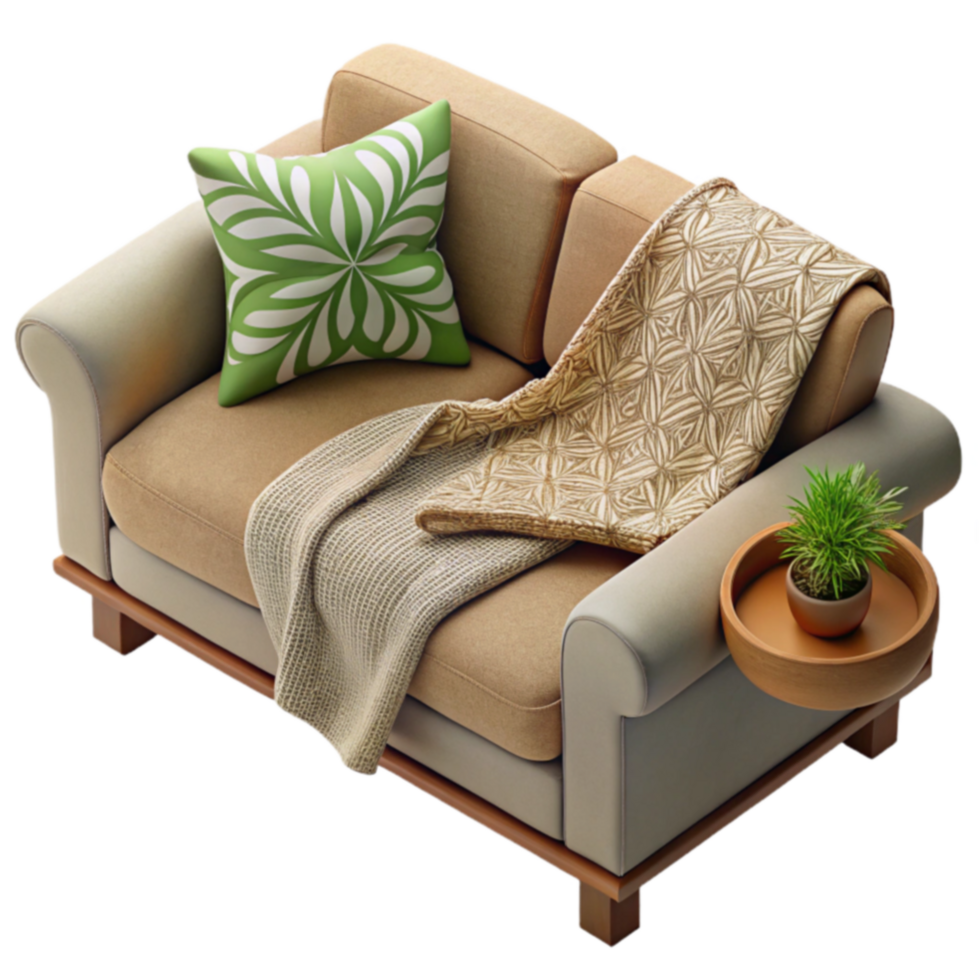 Cozy Living Room Sofa with Throw Blanket and Side Table png