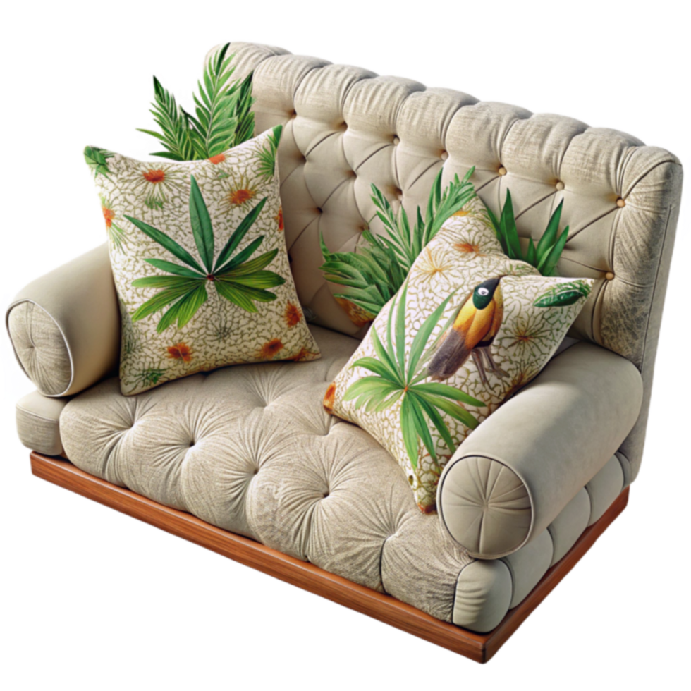 Tropical Leaf Print Pillows on Button Tufted Sofa png