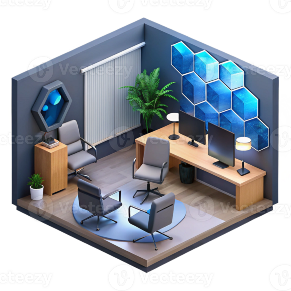 Modern Office Design Hexagon Wall Decor, Ergonomic Chairs, and Desk Setup png