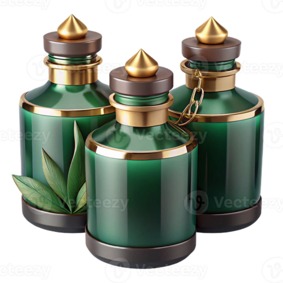 Elegant Green Glass Bottles with Gold Accents png