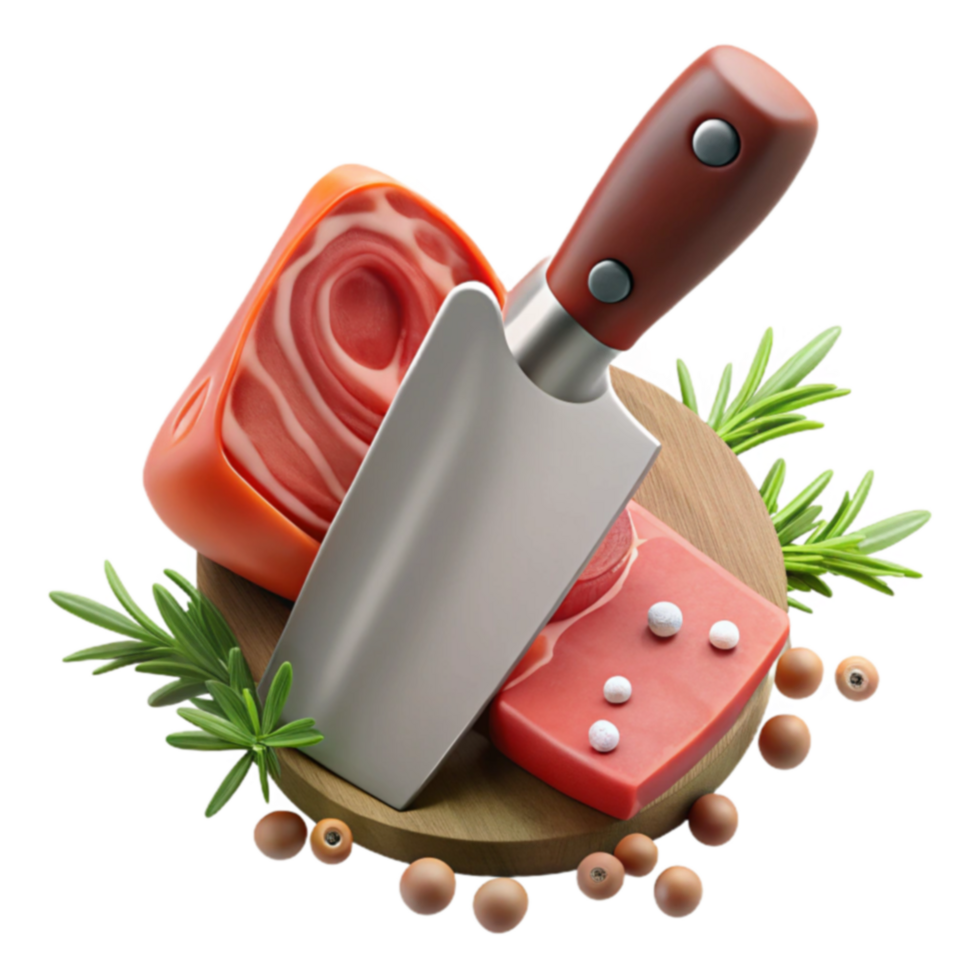 Meat Cleaver, Cutting Board, Rosemary, Peppercorns png