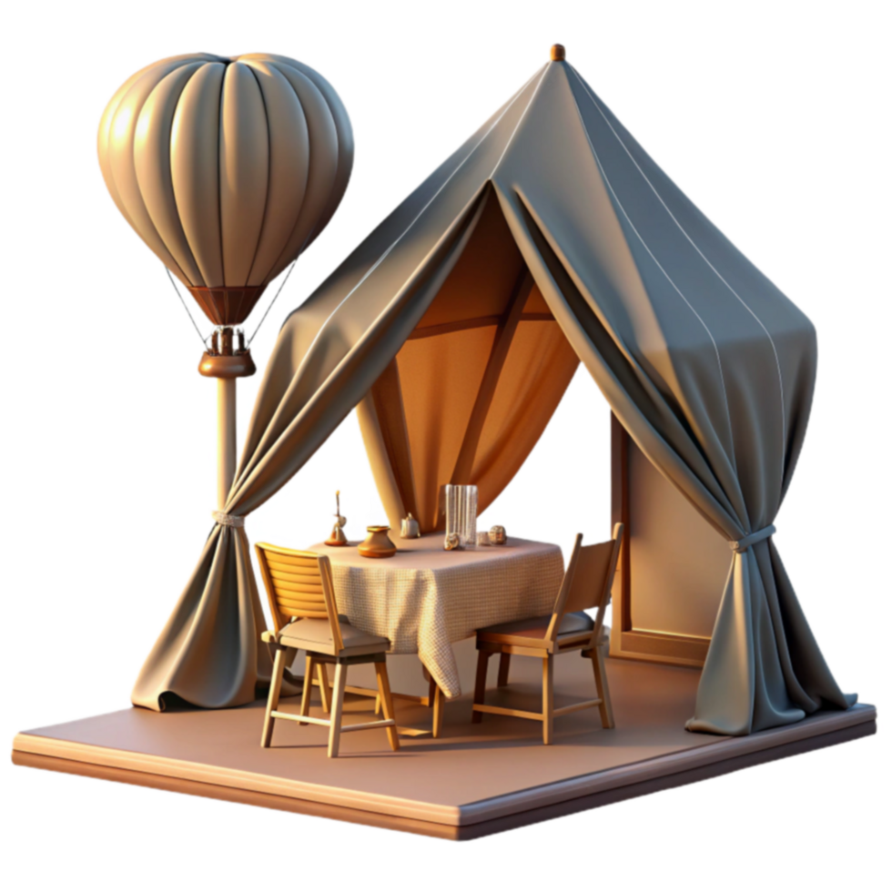 Romantic Outdoor Dining Under a Tent with Hot Air Balloon png