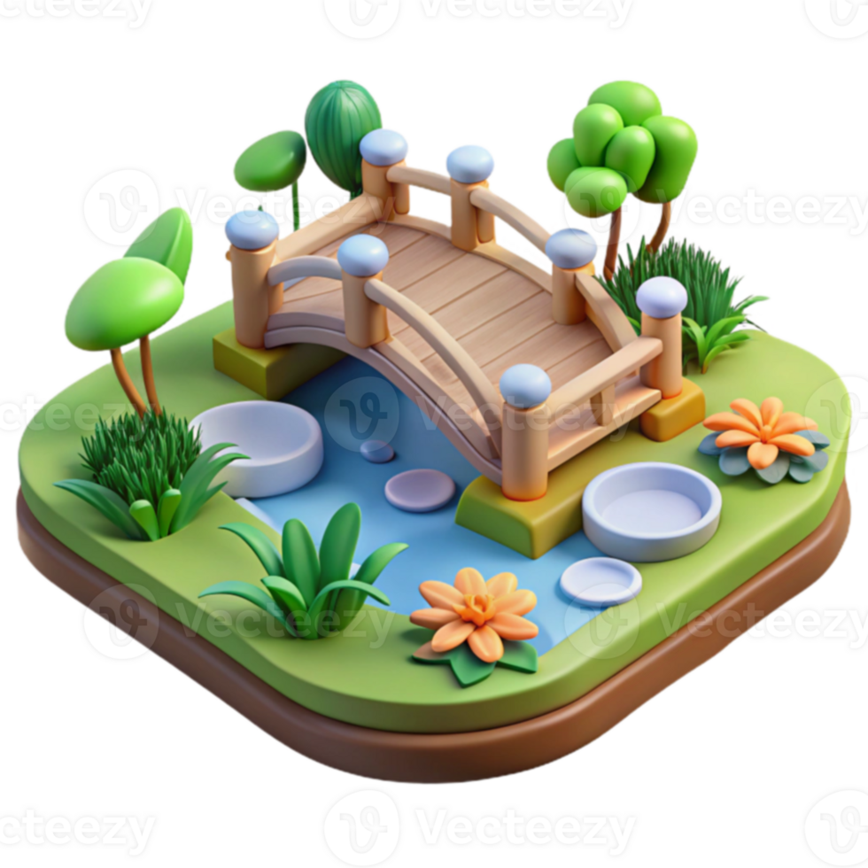 3D Render Idyllic Garden Bridge and Pond png