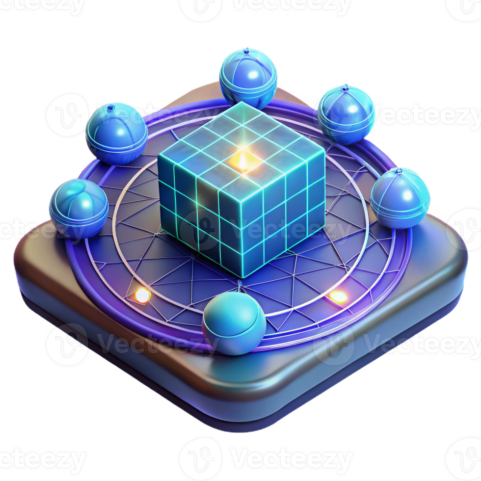 3D Cube, Orbits, Glowing, Abstract, Neon, Geometric, Digital Art, Sphere, Sci-fi png