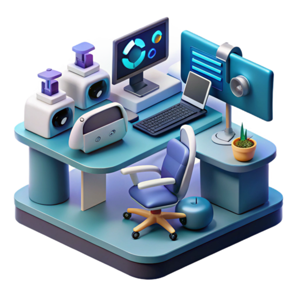 Modern Home Office Setup Desk, Computers, Accessories png