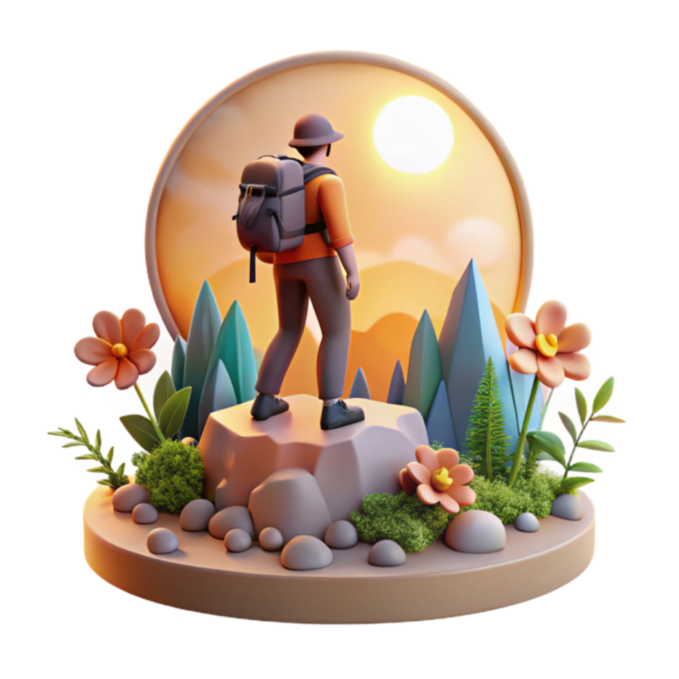 Hiker at Sunset 3D Render of a Journey png