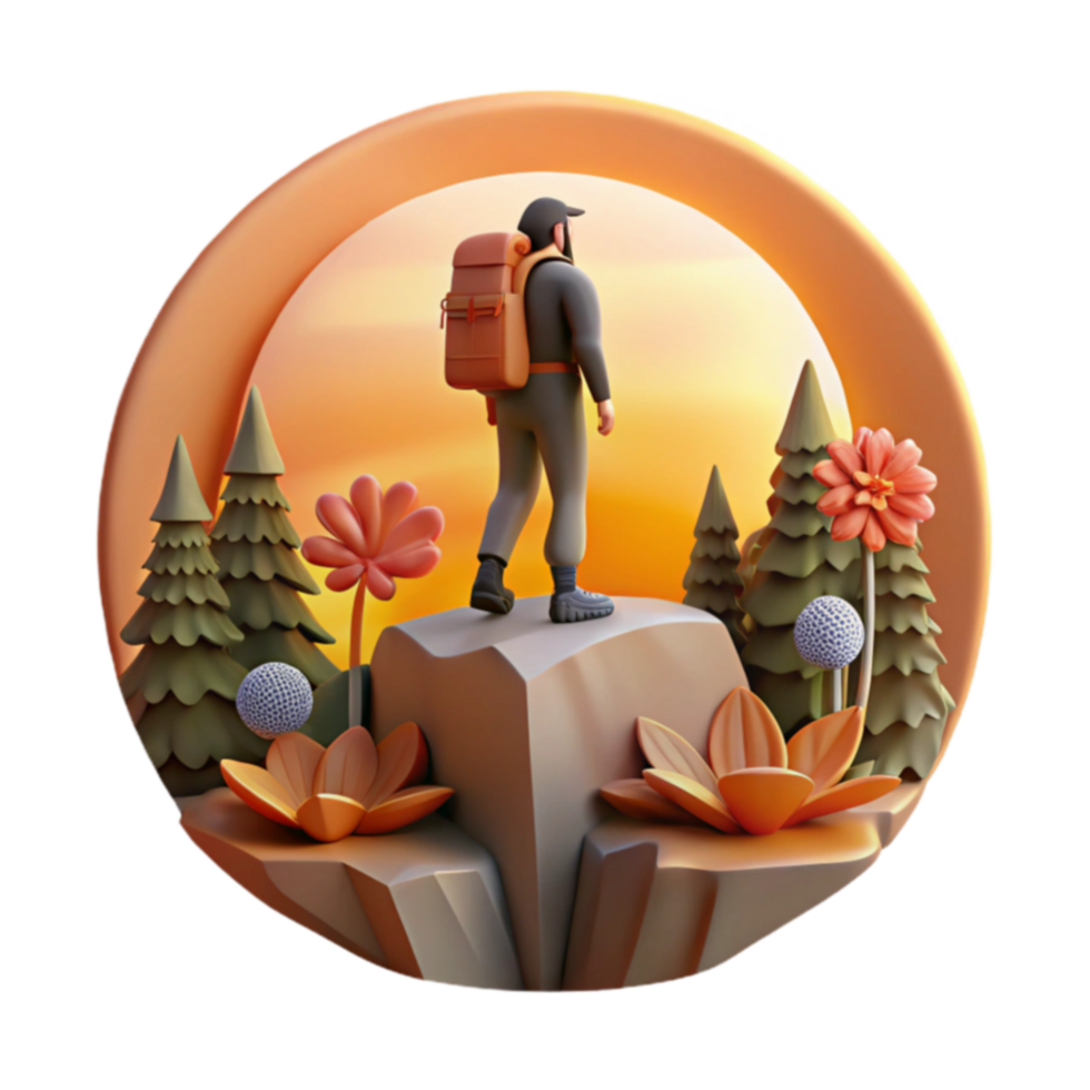 Sunset Hike 3D Render of a Backpacker on a Mountaintop png