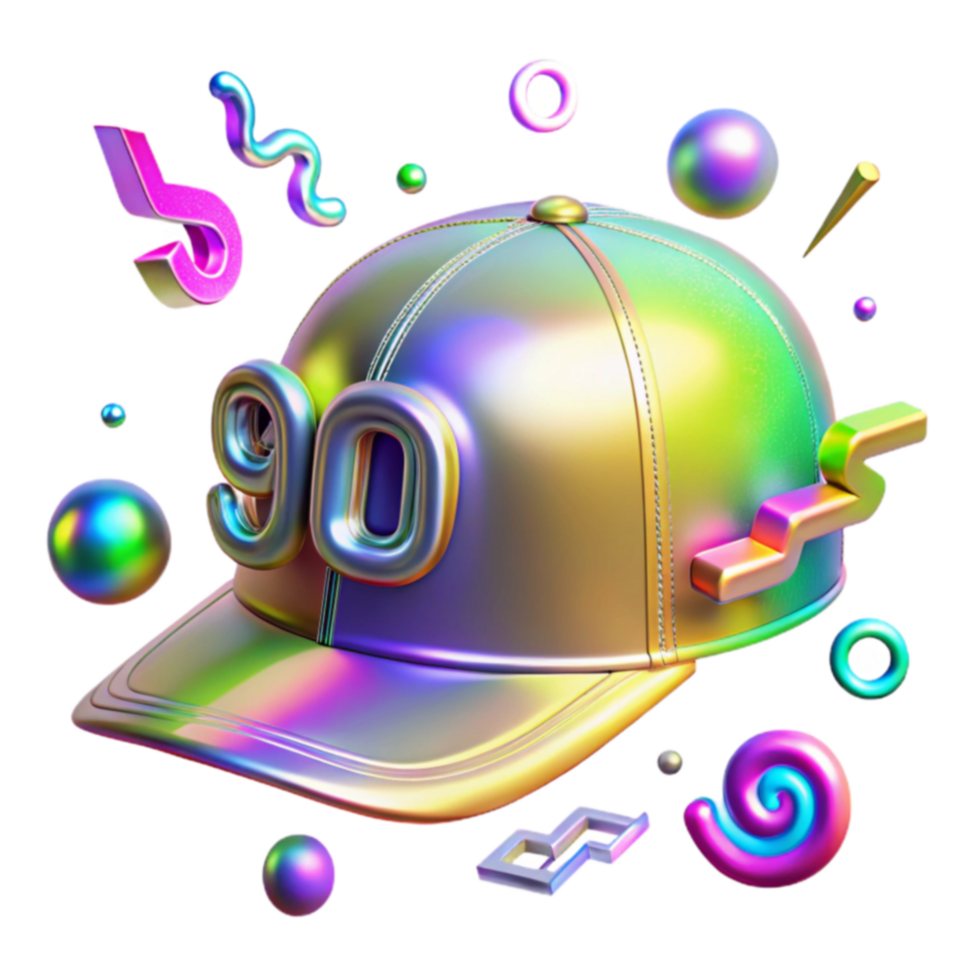 90s Style Iridescent Baseball Cap with Colorful 3D Shapes png