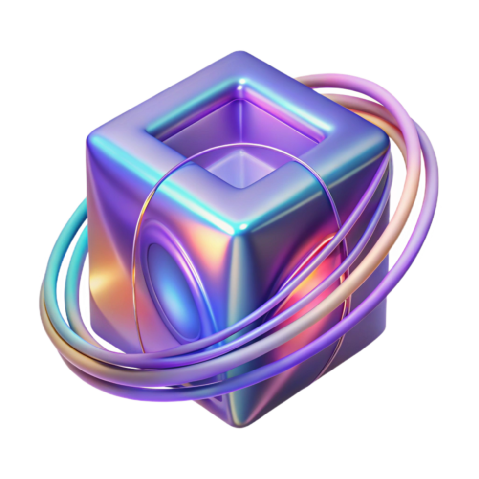 Abstract 3D Cube with Iridescent Surface and Orbiting Rings png