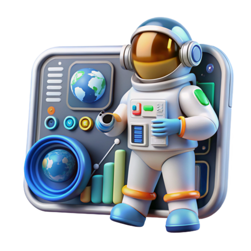 Astronaut, Space Exploration, Data Analysis, 3D Render, Technology, Globe, Control Panel, Chart, Mission Control, Future png
