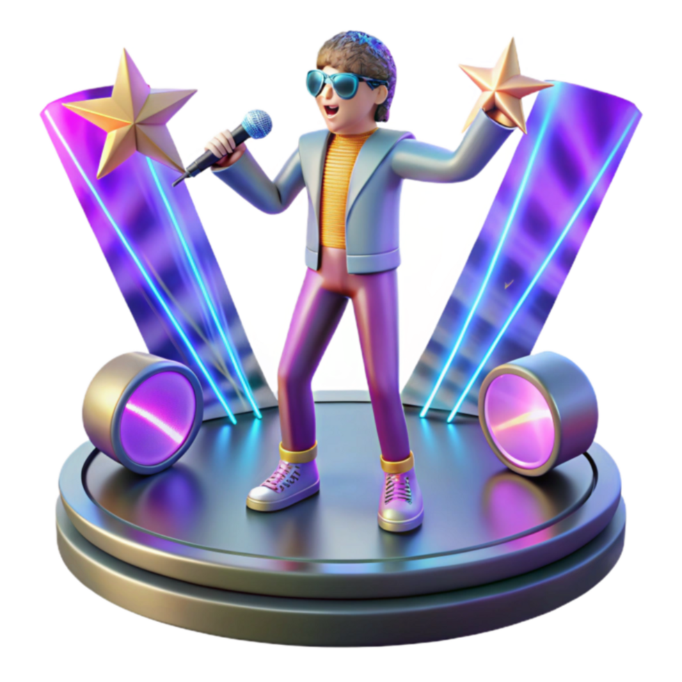 Singer on Stage with Neon Lights and Stars png
