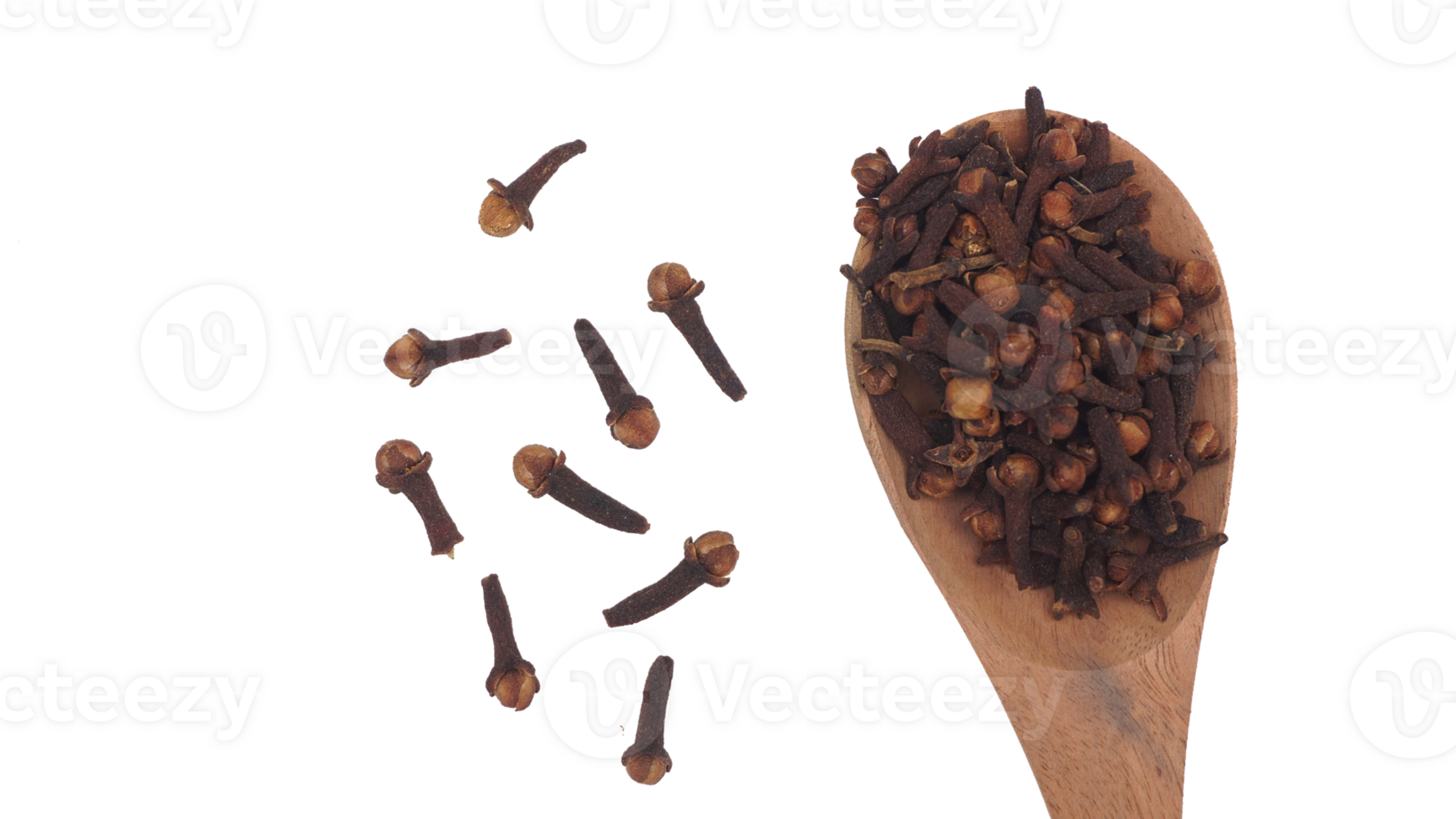 Top View of Scattered Dried Cloves with Wooden Spoon on Transparent Background png