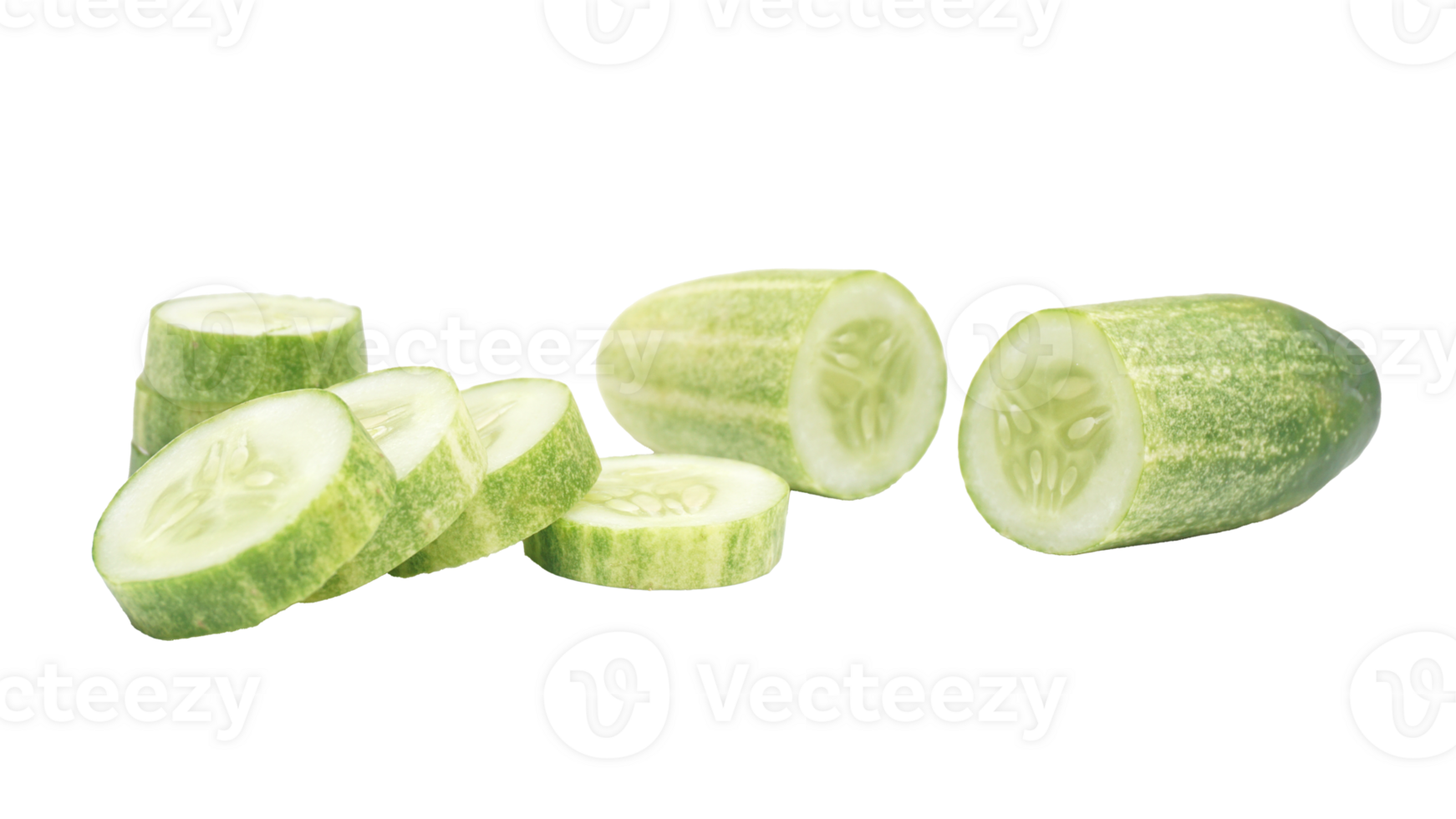 Half and Slices of Cucumber on Transparent Background png