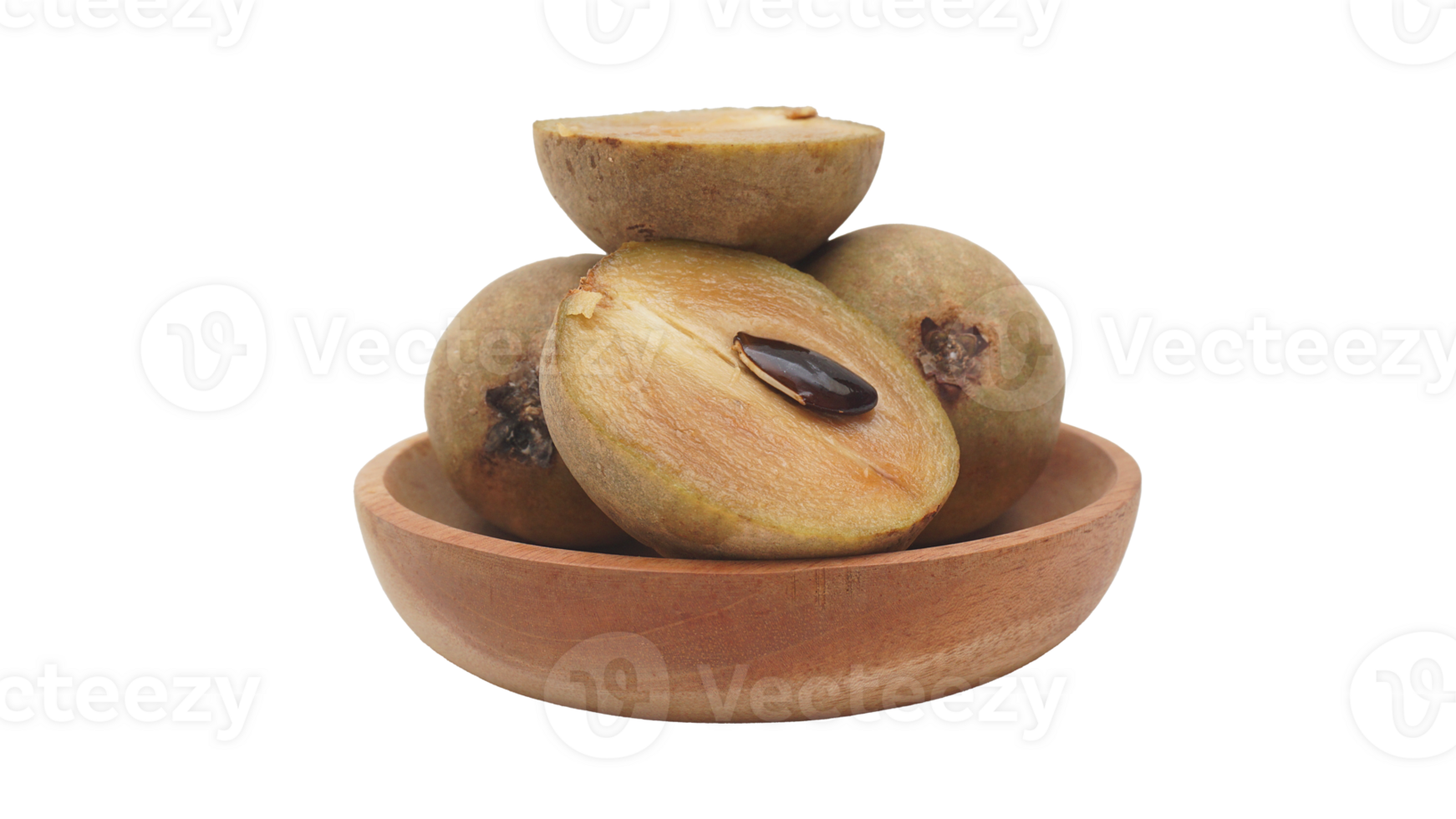 Pile of Brown Sapodilla on Wooden Plate on Transparent Background png