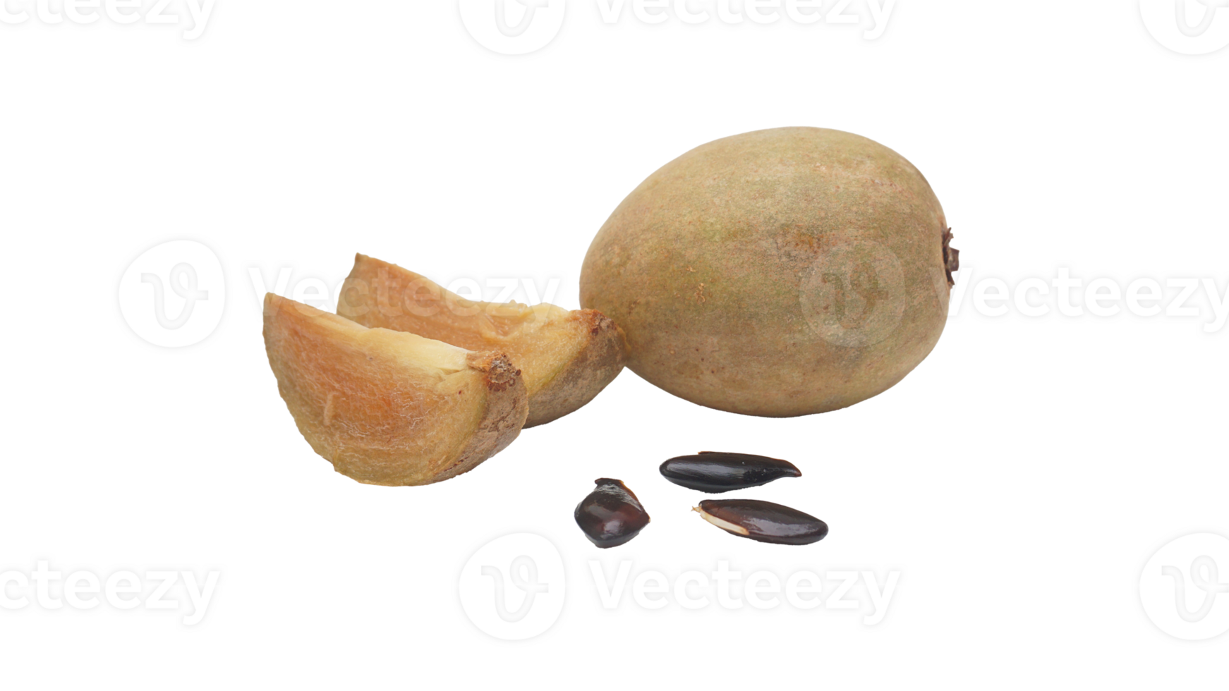 Seeds, Slices, and Whole Brown Sapodilla on Transparent Background png
