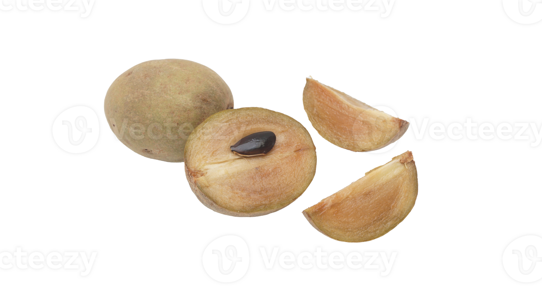 Slices, Half, and Whole Brown Sapodilla on Transparent Background png