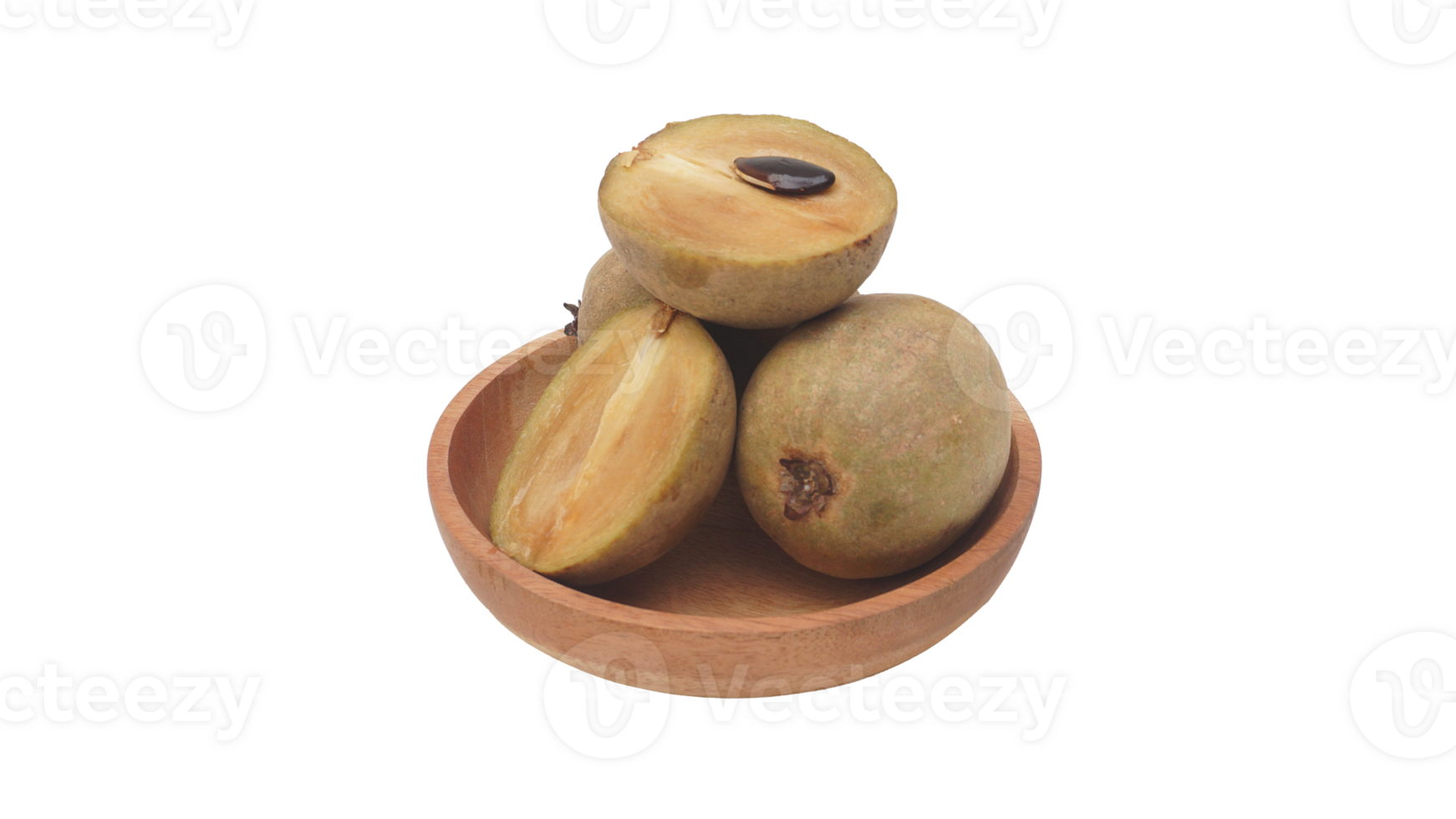 Pile of Ripe Brown Sapodilla on Wooden Plate on Transparent Background png