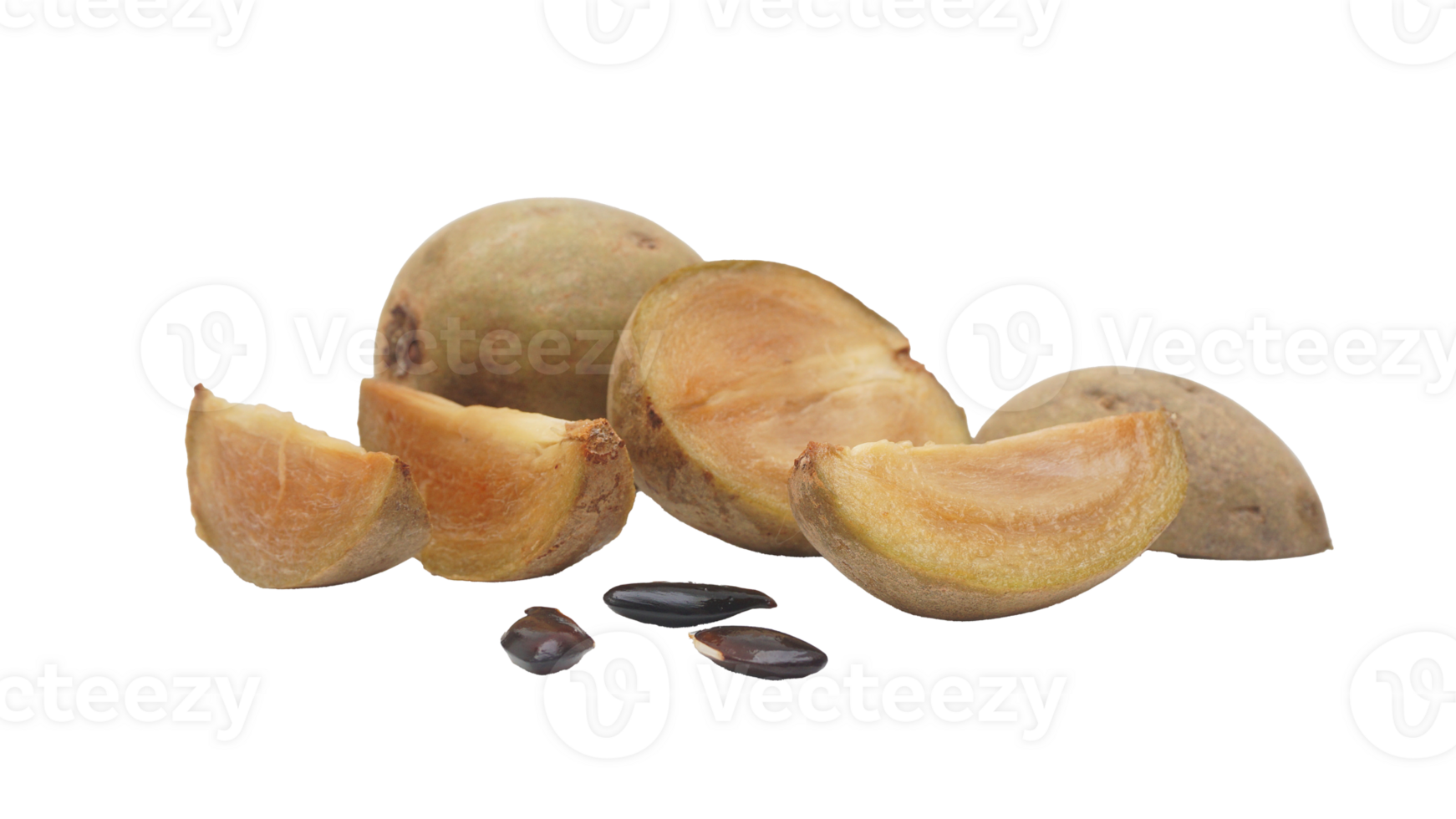 Seeds, Slices, Half, and Whole Brown Sapodilla on Transparent Background png