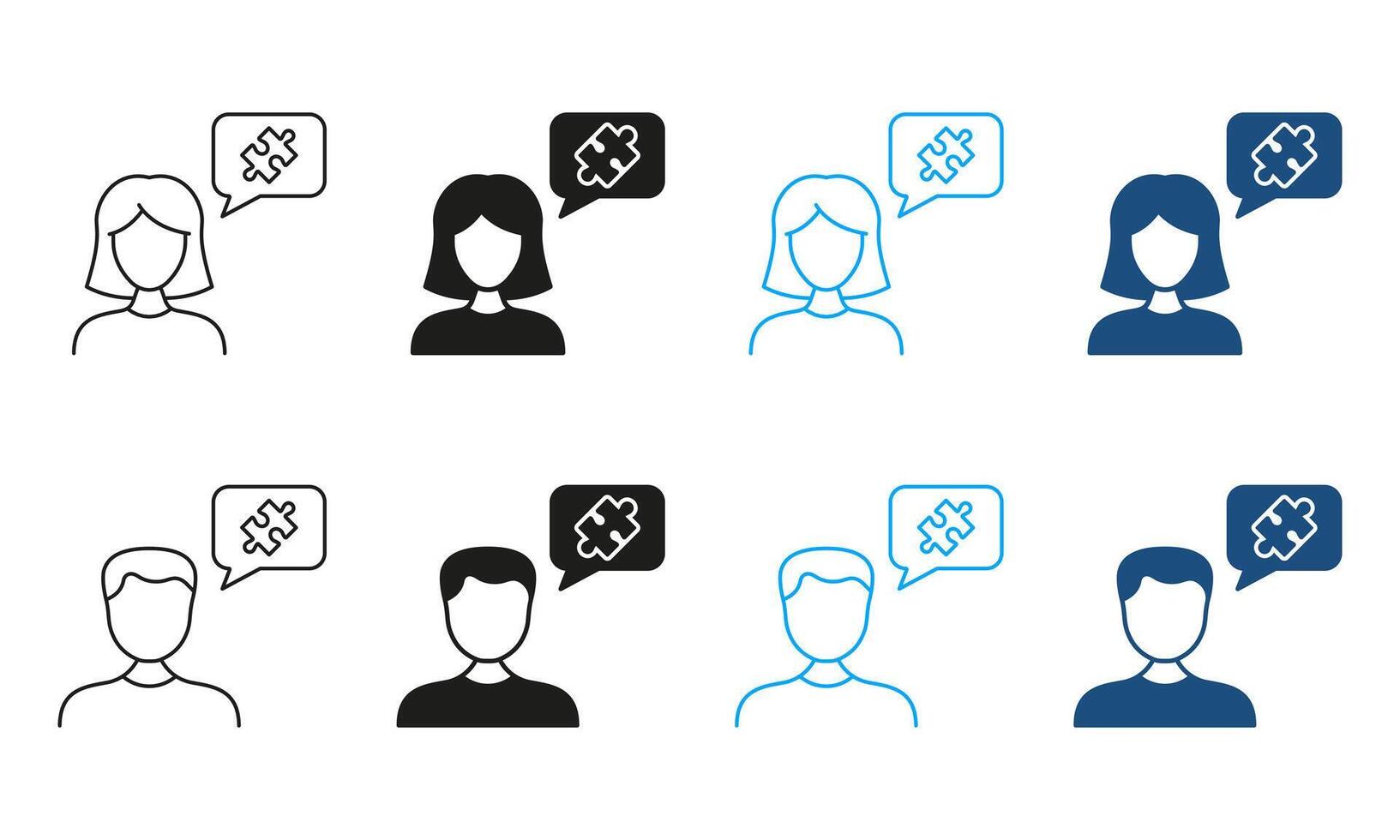 Men and Woman with Puzzle Piece in Speech Bubble Line and Silhouette Icon Set. Person Think about Business Cooperation. Editable Stroke. Isolated Illustration vector