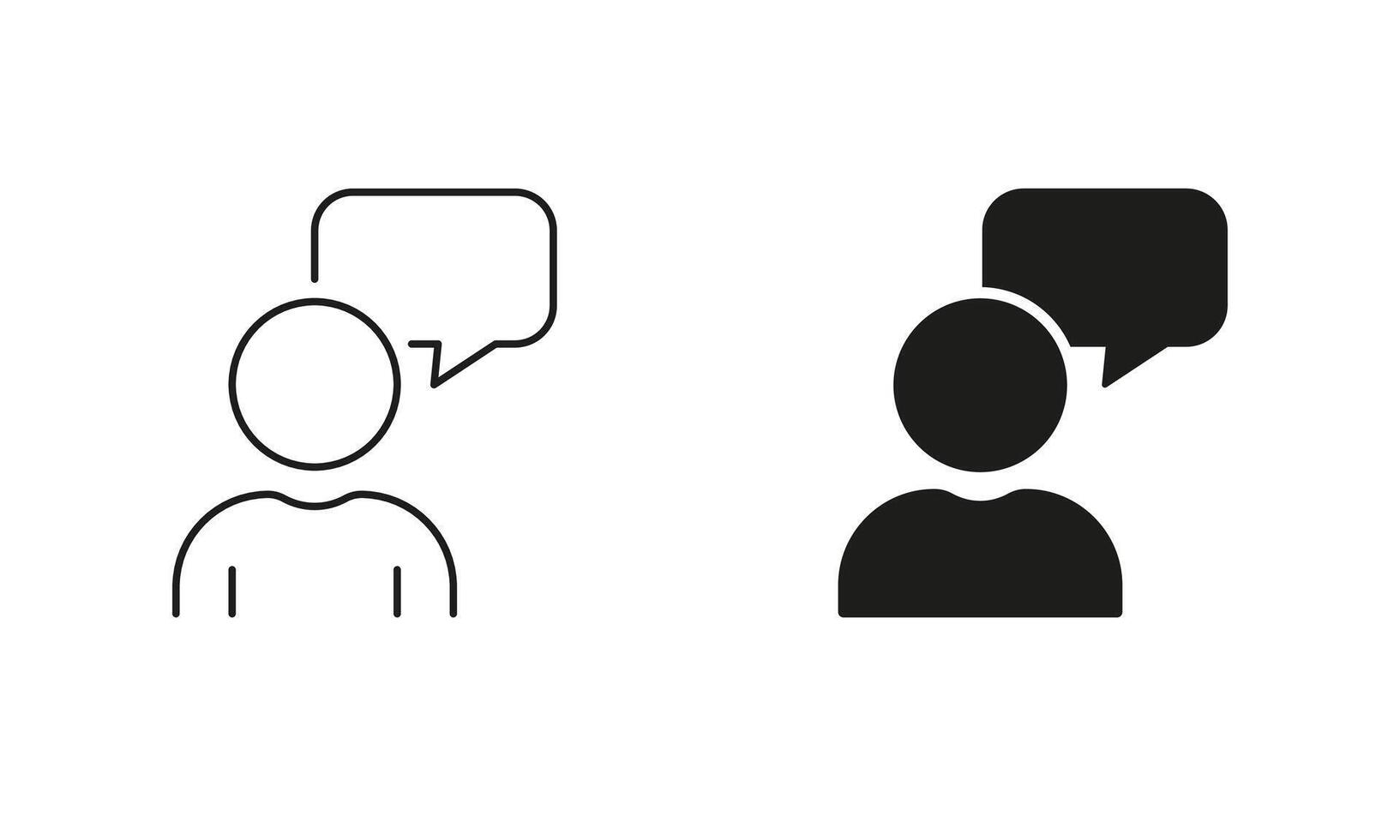 Dialog, Opinion, Brainstorm Pictogram. Customer Feedback. Man With Speech Bubble Line and Silhouette Icon Set. Communication Symbol. Editable Stroke. Isolated Illustration vector
