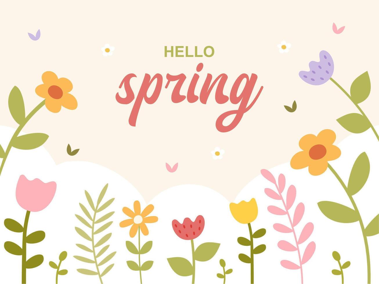 Hello spring floral background. Cute and colorful plants, leaves and flowers. Template card, invitation, banner, poster vector