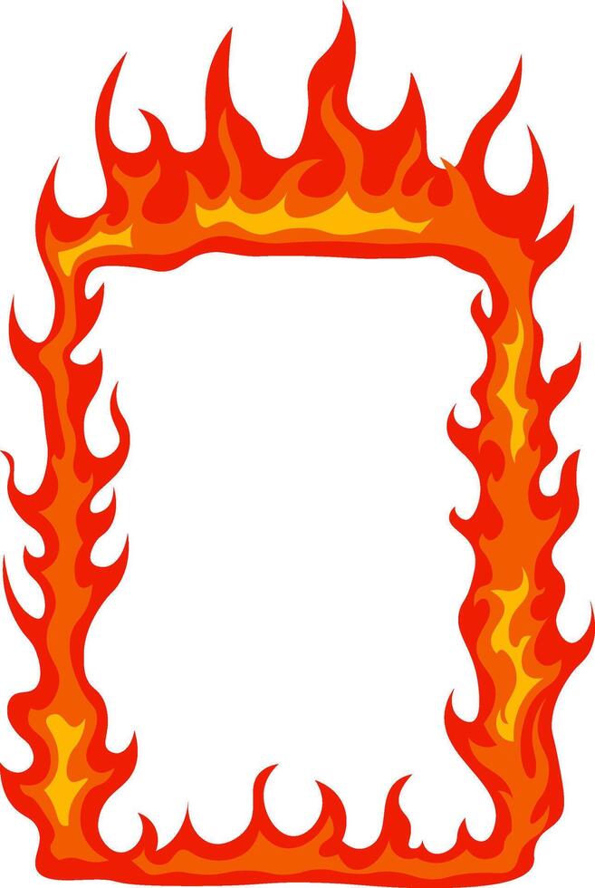 Vibrant red and orange cartoon fire flames forming a rectangular frame on a white background, perfectly suited for representing danger or hot concepts with a dynamic flair vector